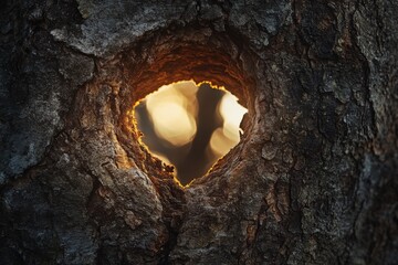 Heart shaped hole in tree trunk with sunlight streaming through forest and copy space left