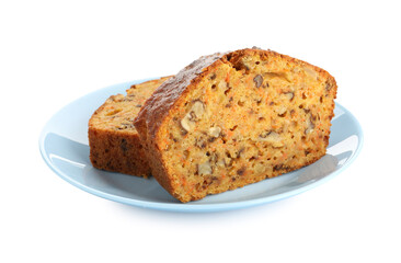 Cut homemade carrot cake with nuts isolated on white