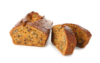 Cut homemade carrot cake with nuts isolated on white