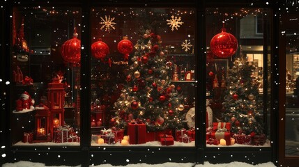 Enchanting Christmas storefront display with twinkling lights and red ornaments