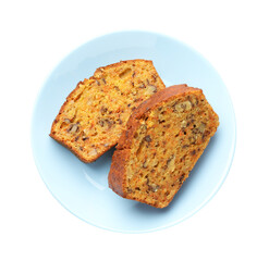 Pieces of homemade carrot cake with nuts isolated on white, top view