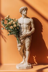 vertical card antique roman male god sculpture with bouquet of flowers standing on orange background with sunlight