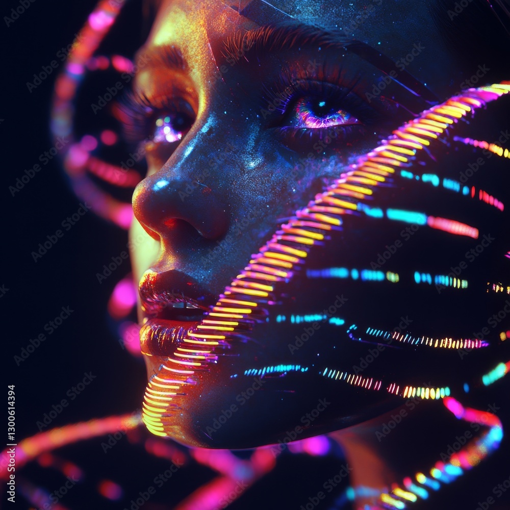 Poster neon dreams: a futuristic portrait with glowing skin and luminous data streams