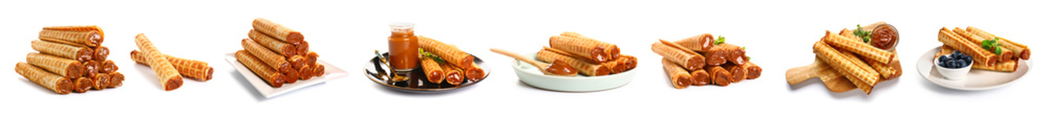 Collage of tasty wafer rolls with boiled condensed milk isolated on white