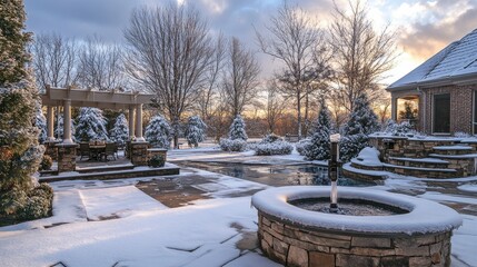 Fototapeta premium Winter landscape of a backyard featuring snow and a fountain.