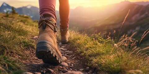 Tan Hiking Boots on Mountain Trail at Sunset