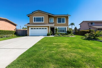 two-story suburban house with garage and manicured lawn, surrounded by a paved driveway and clear blue sky