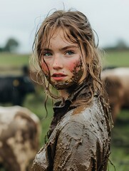 Young farmer girl covered in mud, hard working life outdoors