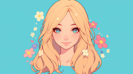 A cheerful young woman with long blonde hair surrounded by colorful flowers against a blue background