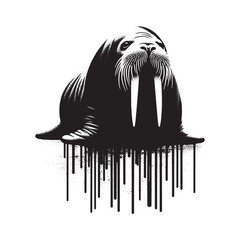 Obraz premium Majestic Walrus with Dripping Ink Illustration in Black and Whit