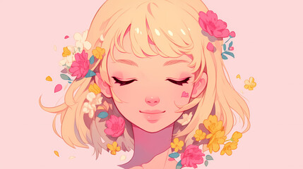 Serene portrait of a young woman with flowers in her hair against a soft pink background