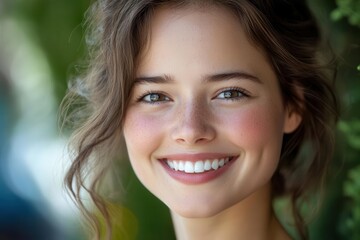 Fototapeta premium a radiant young woman with a genuine warm smile soft natural lighting closeup portrait glowing skin perfect white teeth subtle makeup bokeh background