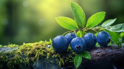 Fresh blueberries with water droplets nestled on a mossy branch creating a serene ambience