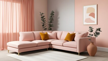 A simple living room with white walls a sofa and coffee table a carpet on the floor green plants in vases a lamp stand a yellow blanket and lightcolored decorative eleme, Bohemian living room interior