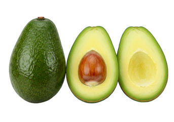 Whole avocado fruit and two halves in a row isolated on transparent background