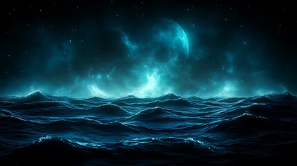 Fototapeta premium Celestial Ocean Waves Under Glowing Night Sky