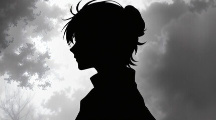 Silhouette of a character standing against a cloudy background in a tranquil setting. Generative AI
