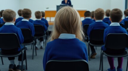 Students in uniform, sitting attentively in a sunlit classroom, focus on learning, symbolizing education and concentration in a structured setting.