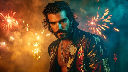 Fototapeta premium A dark-haired man with a beard, wearing an embroidered jacket, stands against a backdrop of vibrant fireworks.