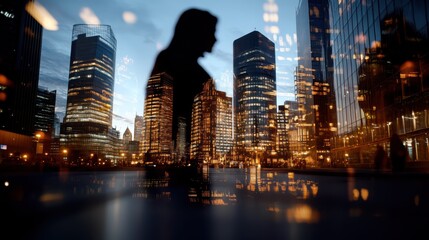 Fototapeta premium Silhouetted figures and a cityscape blend together, portraying the hustle and vibrancy of urban professional life.