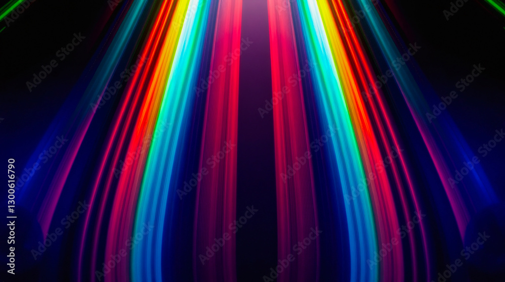 Poster vibrant light streaks create colorful patterns in a dark background during an artistic display. gene
