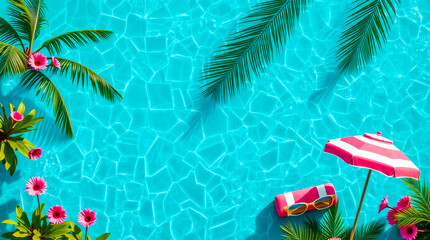 Obraz premium Bright tropical pool with flowers and sun umbrella captures summer vibes and relaxation. Generative AI