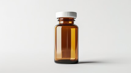 Brown glass bottle with a white cap, isolated on a clean background, suitable for product packaging or pharmacy use
