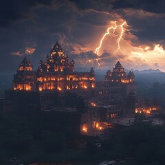 Ominous night view of an ancient asian city