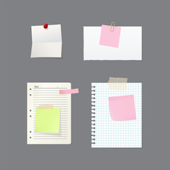 Pieces of note paper for text attached with adhesive tape on a brown background