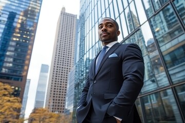 Fototapeta premium Confident business professional poses outside modern skyscrapers in downtown area during daytime