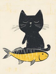 Black cat showing his meal illustration
