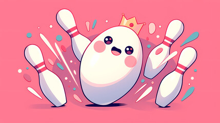 Cheerful cartoon bowling pin character wearing a crown, surrounded by colorful bowling pins and splashes