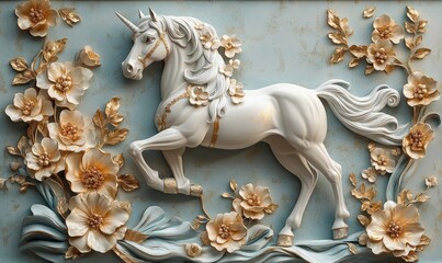 Elegant White Unicorn Bas Relief Gold Flowers Pastel Blue Background Decorative Art 3D Horse Image  