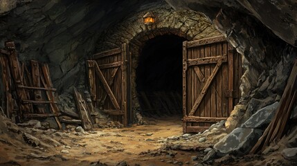Mysterious mine entrance illuminated by lantern light deep in cavern