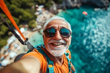 Older man enjoys paragliding over a beautiful beach and turquoise water in a coastal area on a sunny day
