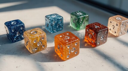 Colorful Translucent Dice Set on Light Surface