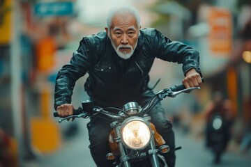 Fototapeta premium Elderly man riding a motorcycle through a vibrant street in an urban area during daytime