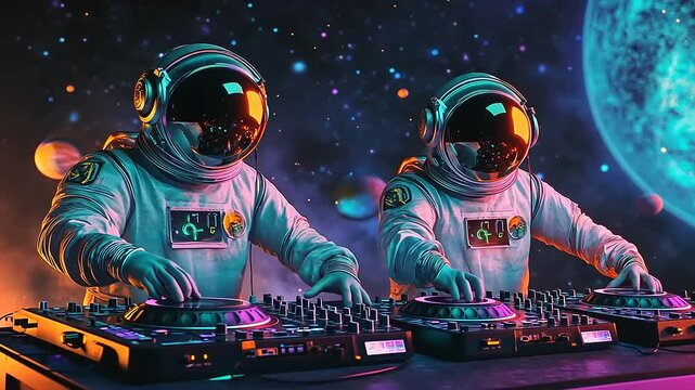 Two astronauts DJing in a vibrant cosmic setting with planets and colorful nebulae in the background