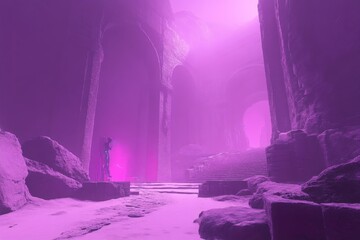 Obraz premium Mysterious underground ruins illuminated by purple light with an ethereal figure in the background
