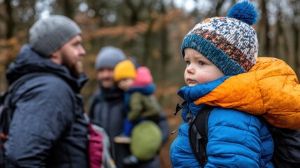 Fototapeta premium Parents enjoy a joyful day outdoors as their children ride on their shoulders, capturing a moment of family fun and adventure.