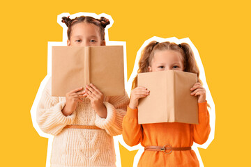 Cute little happy girls in autumn clothes with books on yellow background
