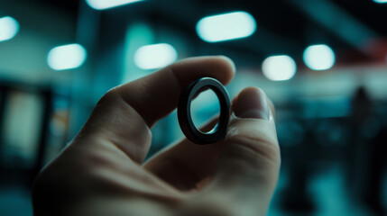 Modern Smart Ring Held in Hand with Futuristic Lighting