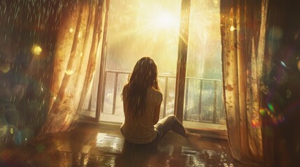 Contemplative figure gazes onto a rainfall bathed balcony scene