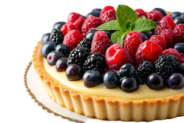 Delicious berry tart with raspberries blackberries and blueberries on creamy custard base garnished with mint against transparent background. Perfect dessert