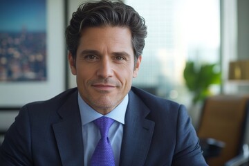 Fototapeta premium Professional man in a suited attire smiling in a modern office setting in the city during daylight hours