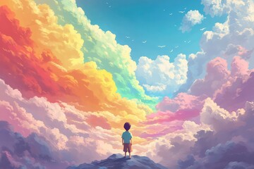 Bright, fluffy clouds in rainbow colors floating in a magical sky, with a small boy gazing in awe.