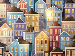 Colorful vintage urban row houses with warm glowing windows at dusk