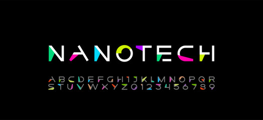 Font digital cyber alphabet, cyberpunk letters A, B, C, D, E, F, G, H, I, J, K, L, M, N, O, P, Q, R, S, T, U, V, W, X, Y, Z and futuristic numerals 0, 1, 2, 3, 4, 5, 6, 7, 8, 9, vector illustration © marooshka