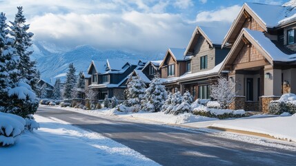 Fototapeta premium Snowy street of cozy houses next to snow-covered mountains.