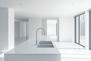 Fototapeta premium Modern kitchen interior with minimalistic design and ample natural light throughout the spacious room